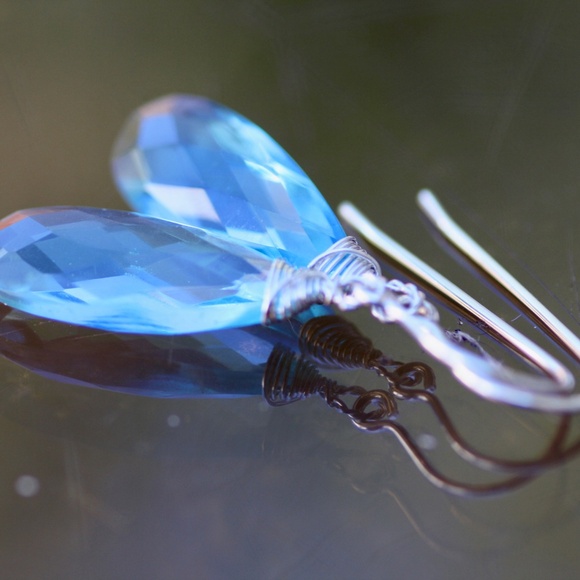 Wire Wrapped Swiss Blue Topaz Earrings Sterling Silver , December Birthstone - Picture 7 of 8